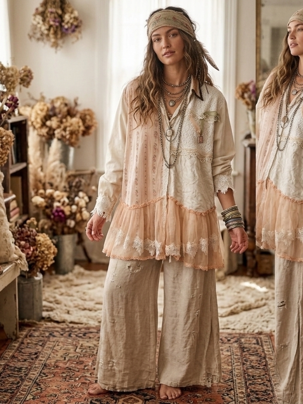 Vintage Taylor Cream and Peach Layered Lace Button-Down Top